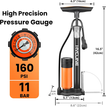 Hycline gauge booster bike pump with digital pressure gauge and ergonomic handle for bicycle tire inflation.