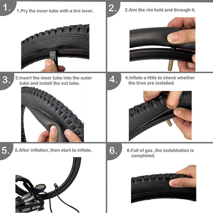 Hycline bike tube set for 20, 24, 26, 27.5, and 29-inch bikes, showing multiple inflated tubes in a variety of sizes.