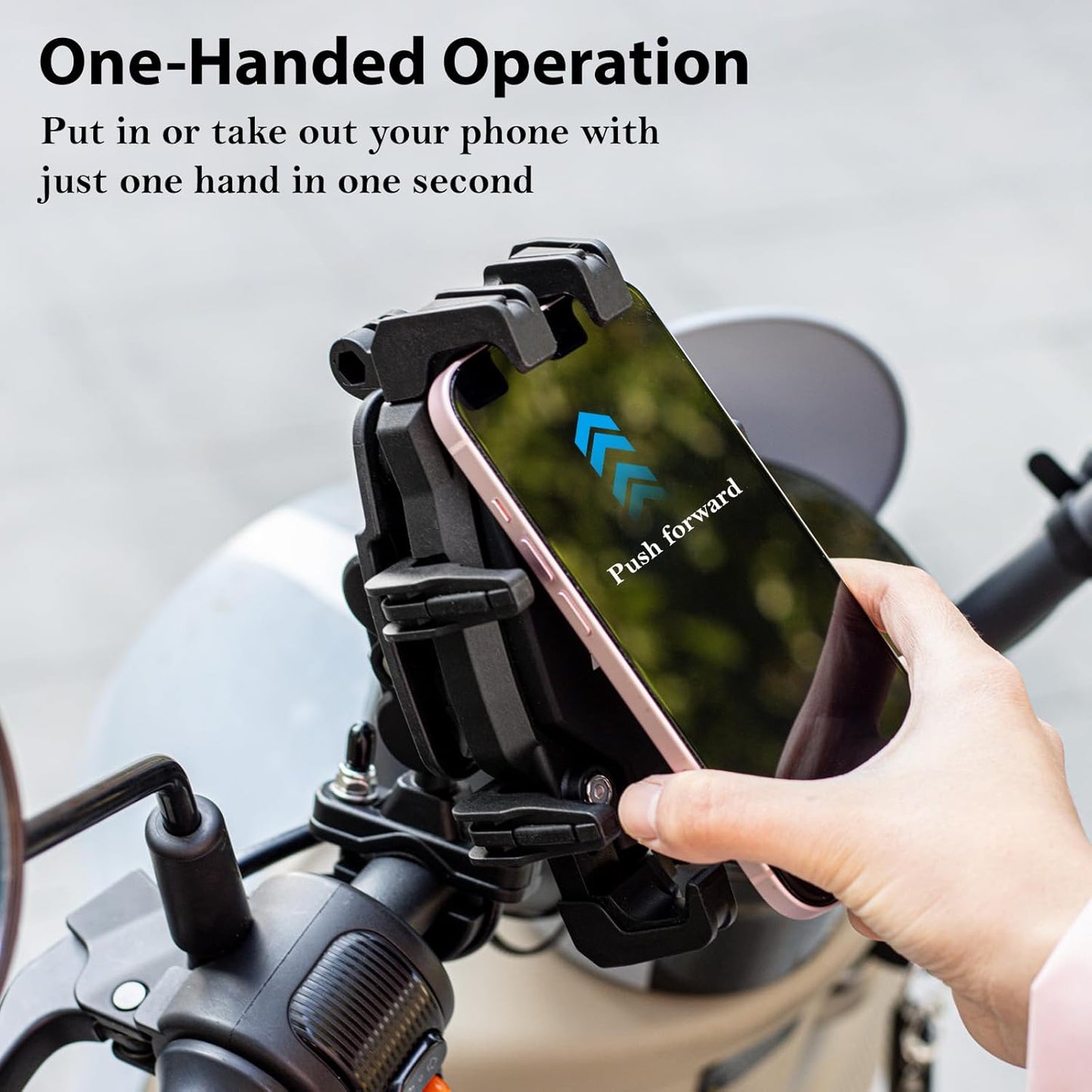 Hycline EMERK bike and motorcycle phone mount attached to handlebar, secure holder for smartphone during rides