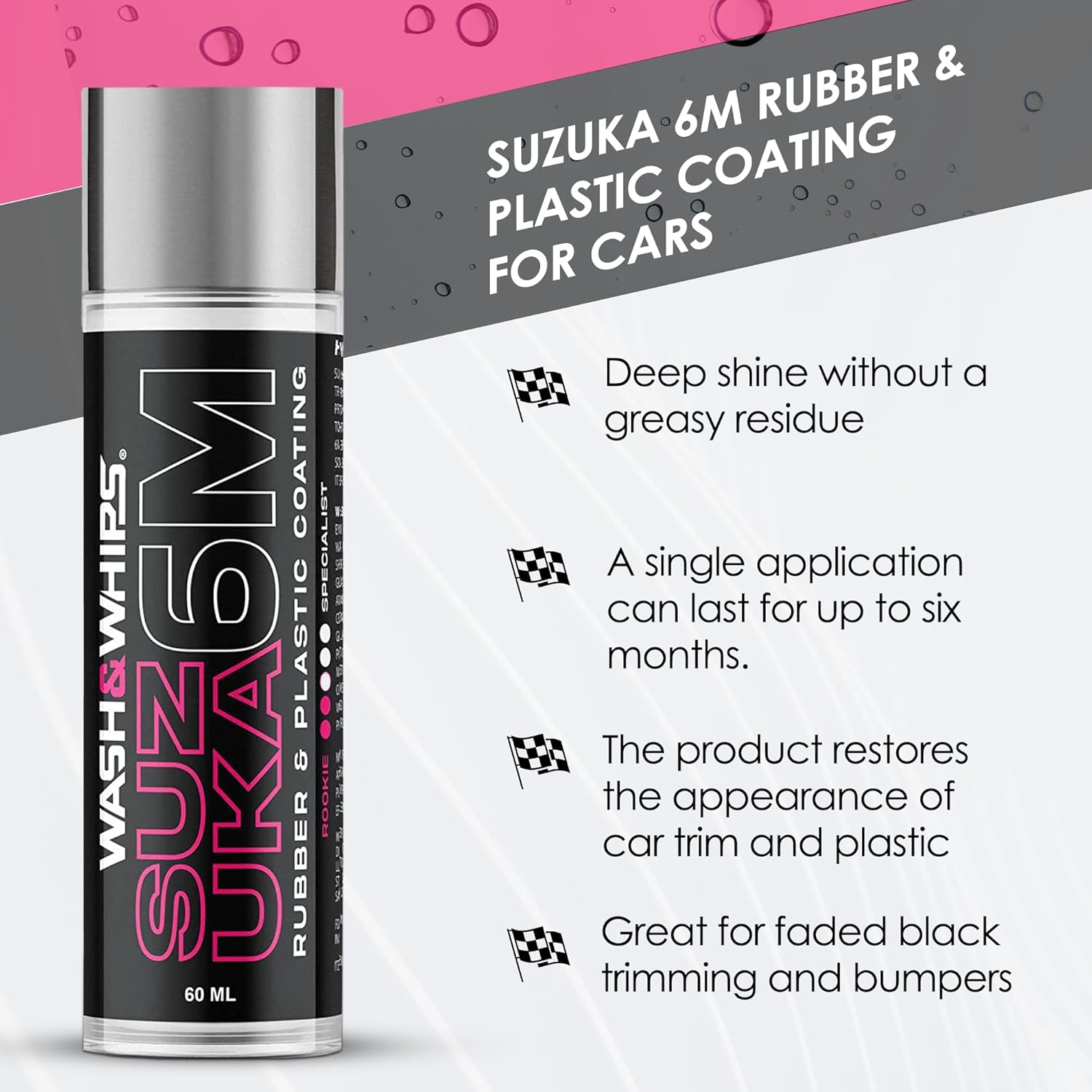 WASH&WHIPS Suzuka 6M Rubber & Plastic Coating for Cars, Restores and Brings Back Black - Concentrated Formula Non-Greasy, 60ml - Howling Moto