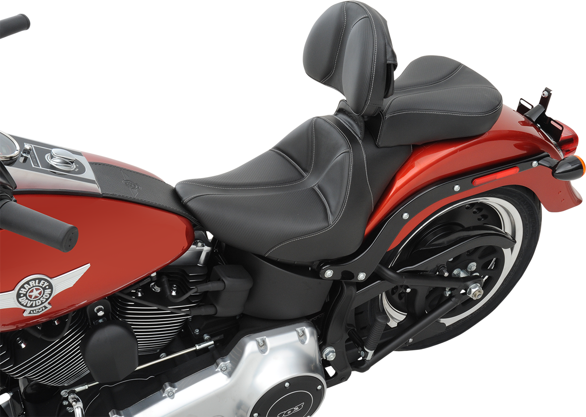 Black Saddlemens Dominator Solo Seat with gray stitching for FL/FX bikes 2006-2017, featuring stitched upholstery and sleek design.