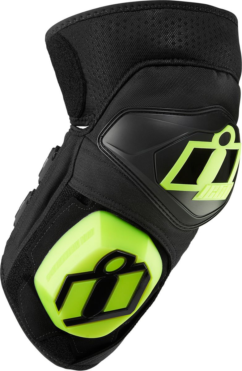 Black ICON Cloverleaf 2 Knee Pads CE armor by Bill's Exhausts, adjustable size S to XL, with protective padding and durable design.