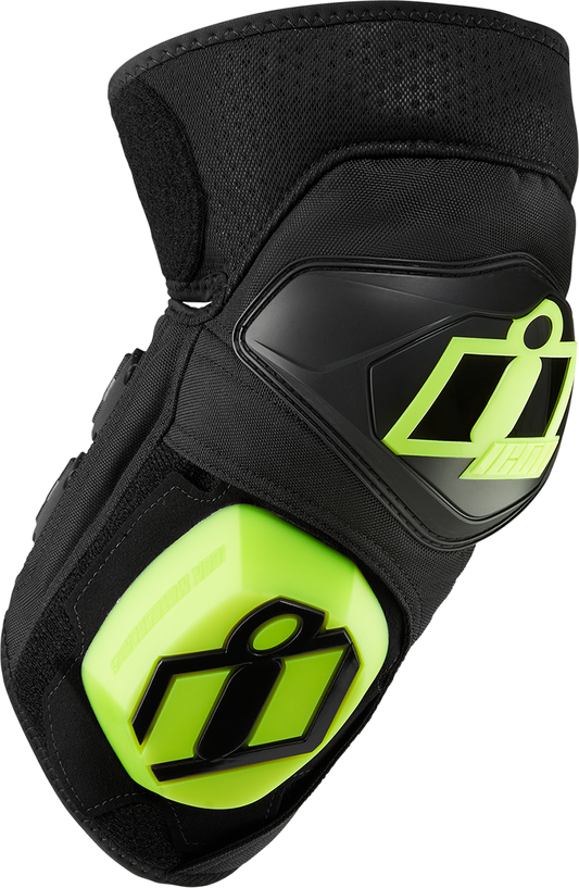 Black ICON Cloverleaf 2 Knee Pads CE armor by Bill's Exhausts, adjustable size S to XL, with protective padding and durable design.
