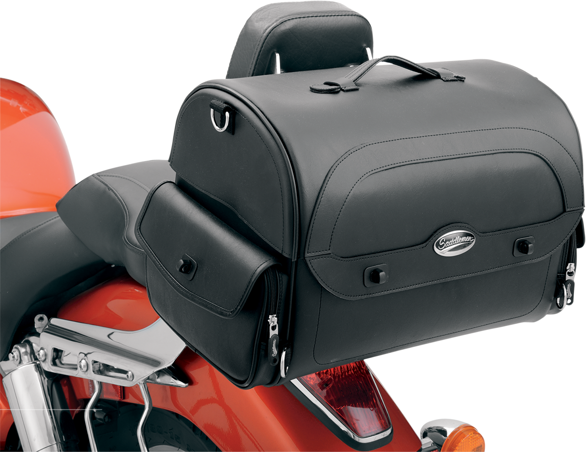 Bill's Exhausts Saddlemen Cruis'n Express motorcycle tail bag mounted on a seat, featuring universal fit for easy attachment and storage.