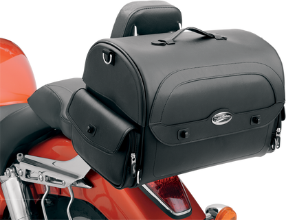 Bill's Exhausts Saddlemen Cruis'n Express motorcycle tail bag mounted on a seat, featuring universal fit for easy attachment and storage.
