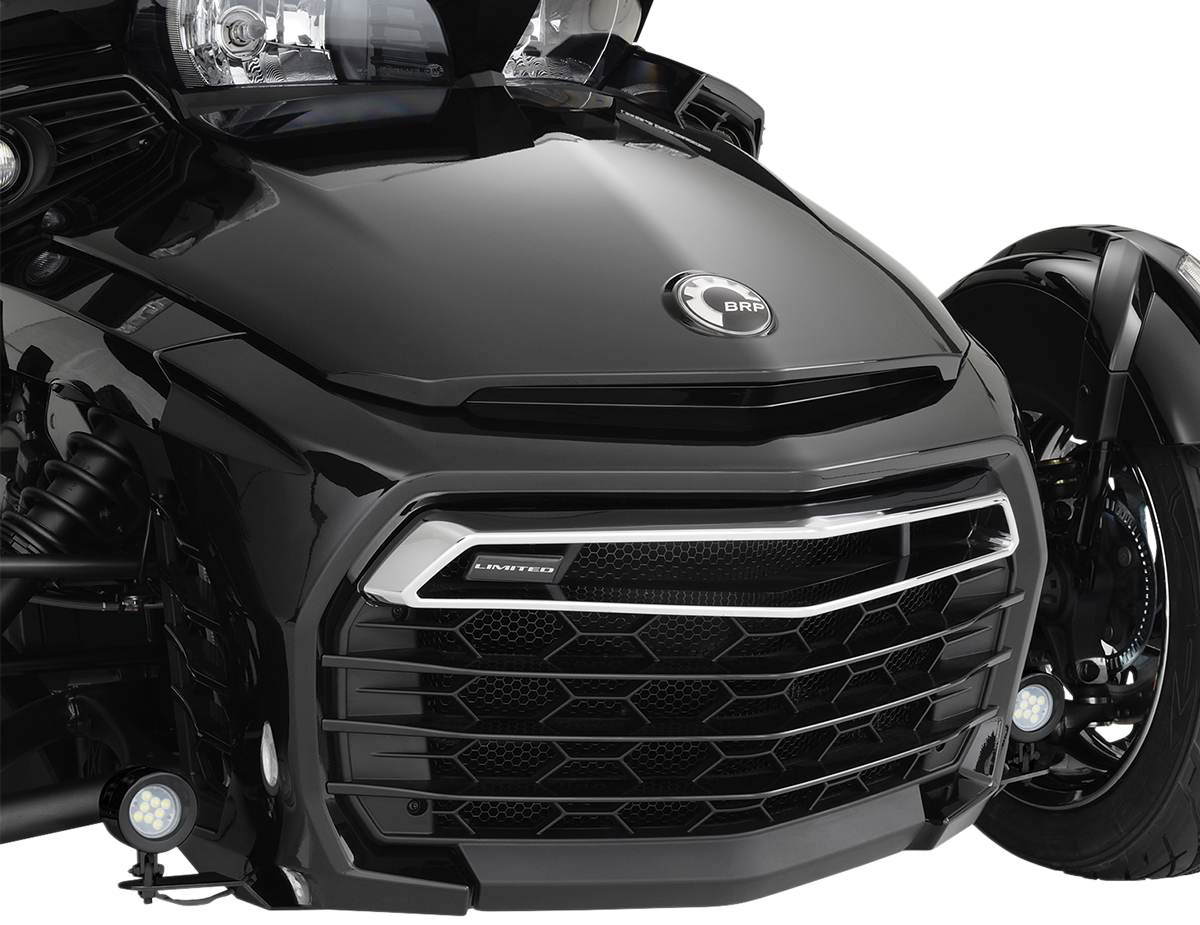 Black satin SHOW CHROME driving lights for Spyder F3 engine, designed for enhanced visibility and style.