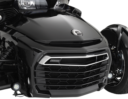 Black satin SHOW CHROME driving lights for Spyder F3 engine, designed for enhanced visibility and style.