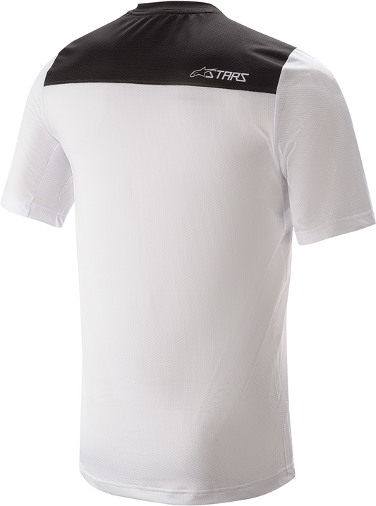 Alpinestars Drop 4.0 short-sleeve motorcycle jersey in white and black, small size, with logo and breathable fabric details.