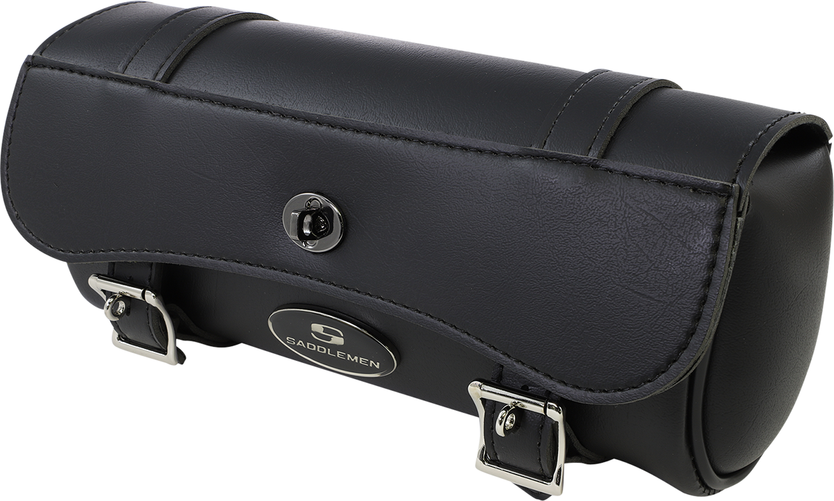 Large Saddlemens Drifter Tool Bag seat by Bill's Exhausts, shown mounted on motorcycle with durable black leather and stitching details.