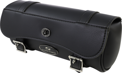 Large Saddlemens Drifter Tool Bag seat by Bill's Exhausts, shown mounted on motorcycle with durable black leather and stitching details.
