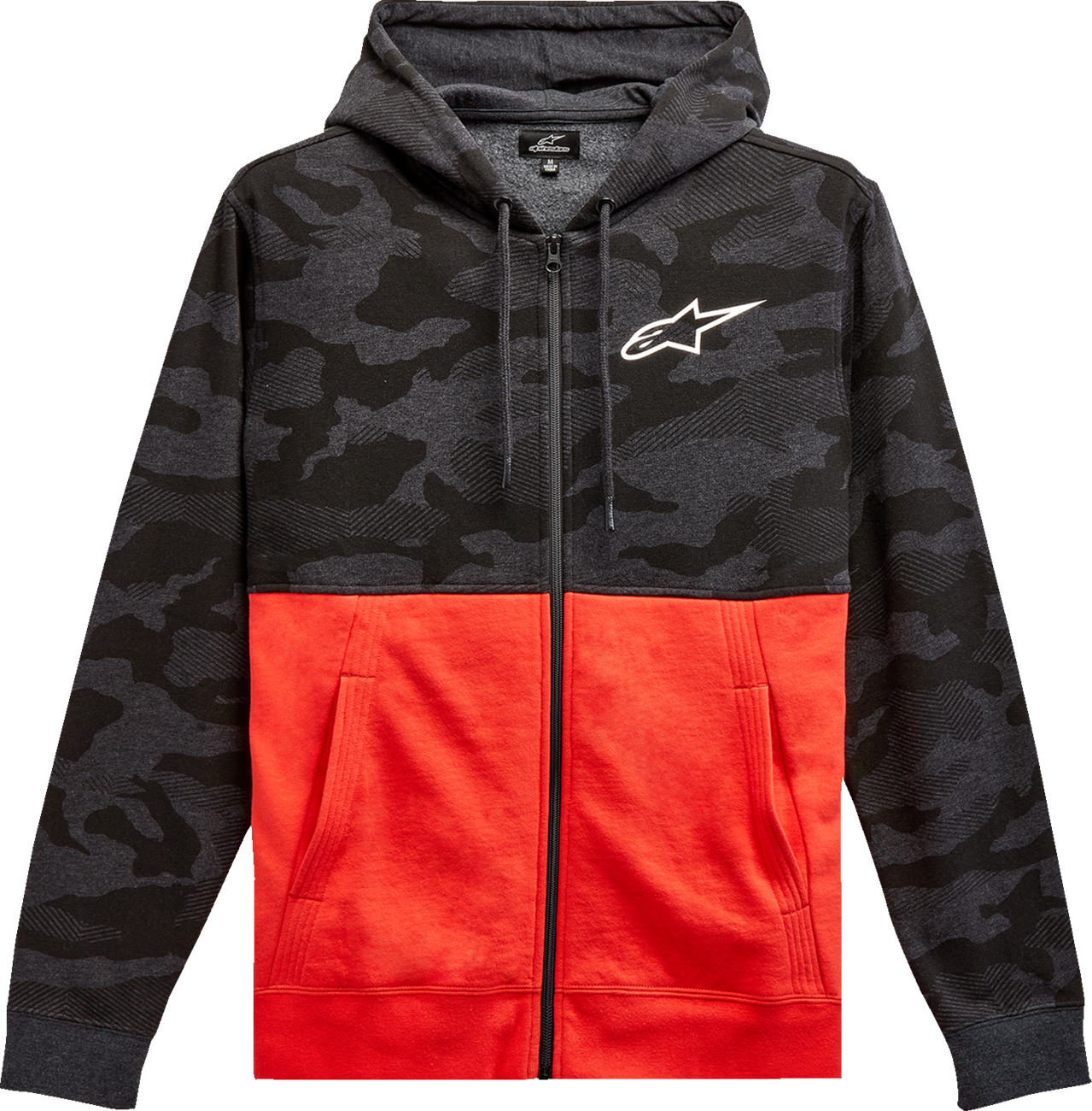 Alpinestars Camo Block Hoodie in charcoal heather and warm red, XL size, featuring a camo and color block design.