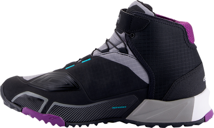 Alpinestars Stella CR-X Drystar motorcycle shoes in black, gray, teal, and purple, US 10.5, featuring protective design and sporty style.