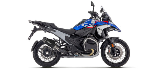 Arrow Indy Race Evo slip-on exhaust for BMW R1300GS 2024, dark aluminum with carbon end cap, by Bill's Exhausts.
