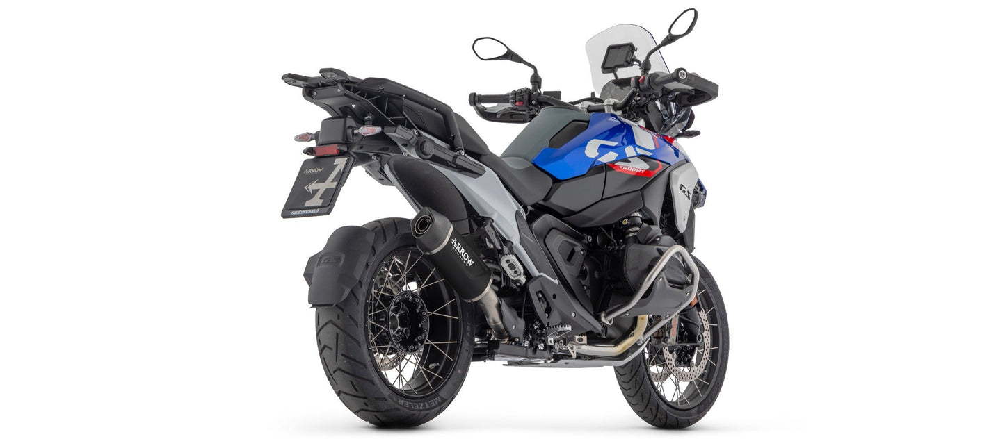 Dark aluminum Arrow Indy Race Evo slip-on exhaust with carbon end cap for BMW R1300GS 2024, by Bill's Exhausts.