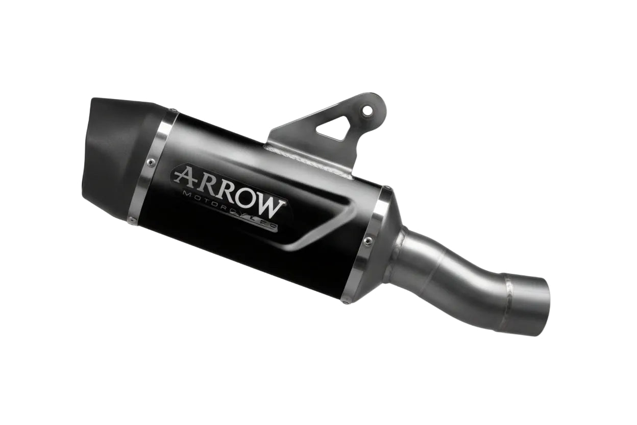 Arrow Indy Race Evo slip-on exhaust for BMW R1300GS 2024, dark aluminum with carbon end cap, by Bill's Exhausts.
