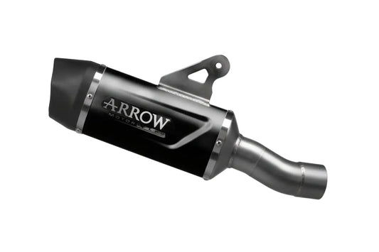 Arrow Indy Race Evo slip-on exhaust for BMW R1300GS 2024, dark aluminum with carbon end cap, by Bill's Exhausts.