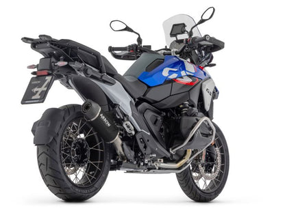 Bill's Exhausts Arrow Indy Race Evo slip-on exhaust with carbon end cap for BMW R1300GS 2024, dark aluminum finish, in stock