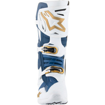 Alpinestars Arlington LE Tech 10 motorcycle boots in white, blue, and gold with ankle support and reinforced soles.