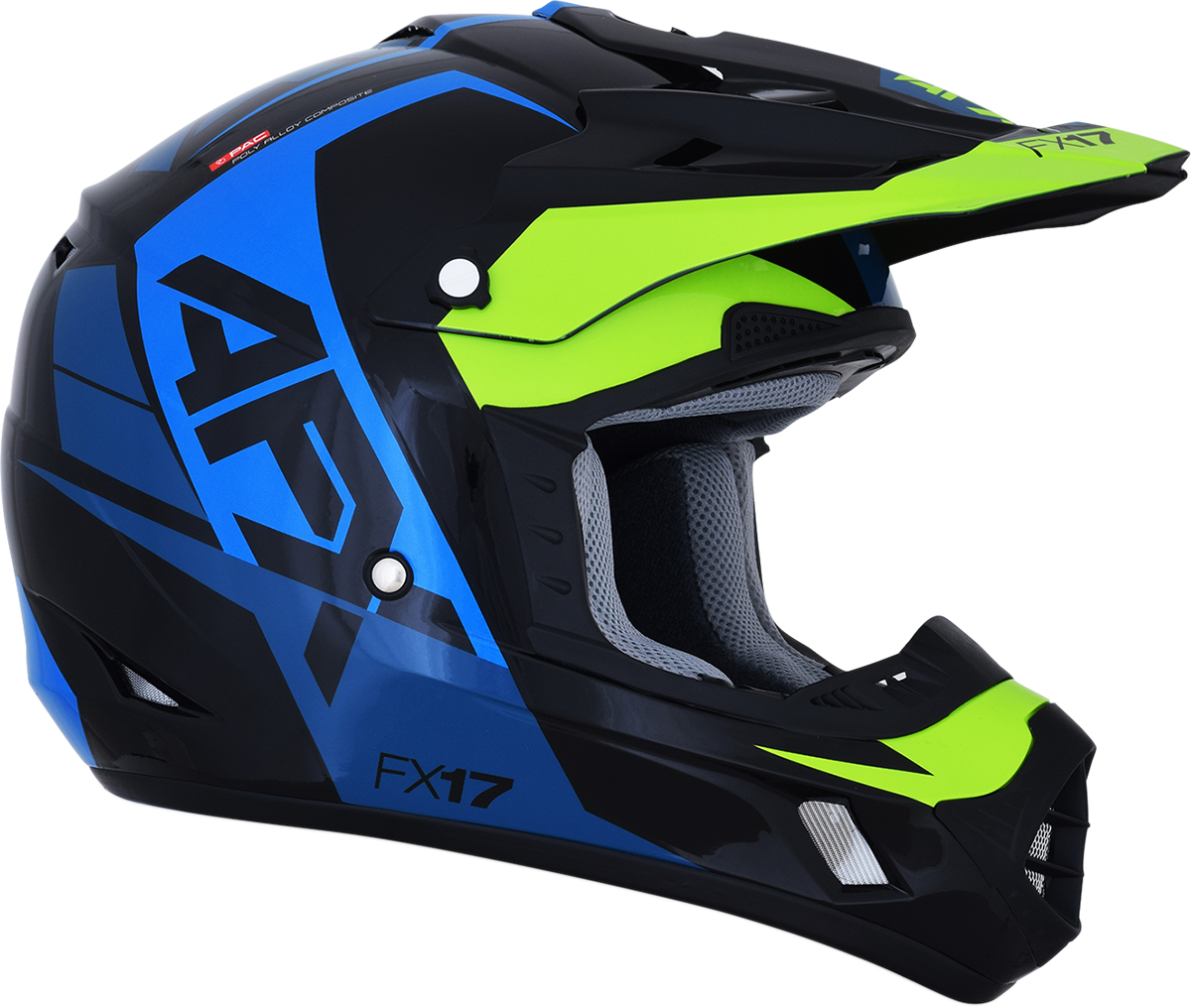 Blue and lime AFX FX-17 helmet in 2XL size, featuring a sleek design with ventilation and adjustable straps.