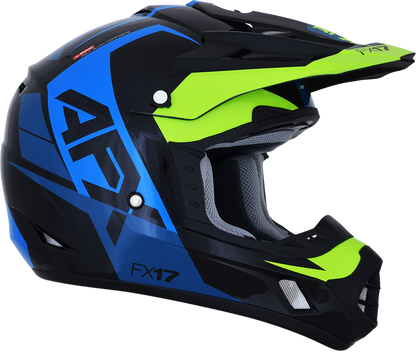 Blue and lime AFX FX-17 helmet in 2XL size, featuring a sleek design with ventilation and adjustable straps.