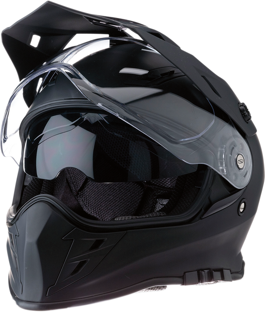 Z1R Z1R Range Dual Sport helmet in flat black, size XS, showing the sleek aerodynamic design and secure strap details.