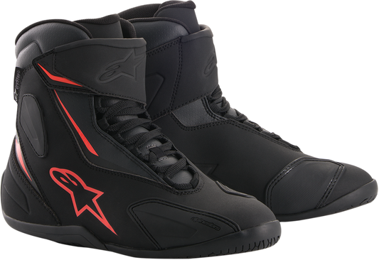 Alpinestars Fastback v2 shoes in black and red, US size 8, showcasing sporty motorcycle footwear with sleek design and branding.
