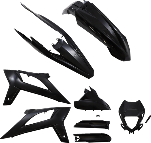 Black ACERBIS standard replacement body kit for motorcycles, featuring durable and sleek body parts, shown in the image.