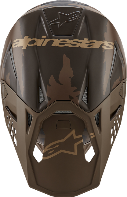 Alpinestars Supertech M10 motorcycle helmet in dark brown and gold with MIPS®, Medium size, featuring a sleek aerodynamic design.