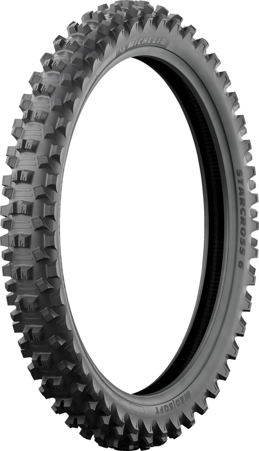 Michelin StarCross 6 Medium Soft front tire, 80/100-21 size, with tread pattern suitable for off-road motorcycles.