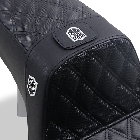 Bill's Exhausts SADDLEMEN Pro Series SDC performance seat with backrest, black full lattice stitch, lumbar gripper for motorcycle.