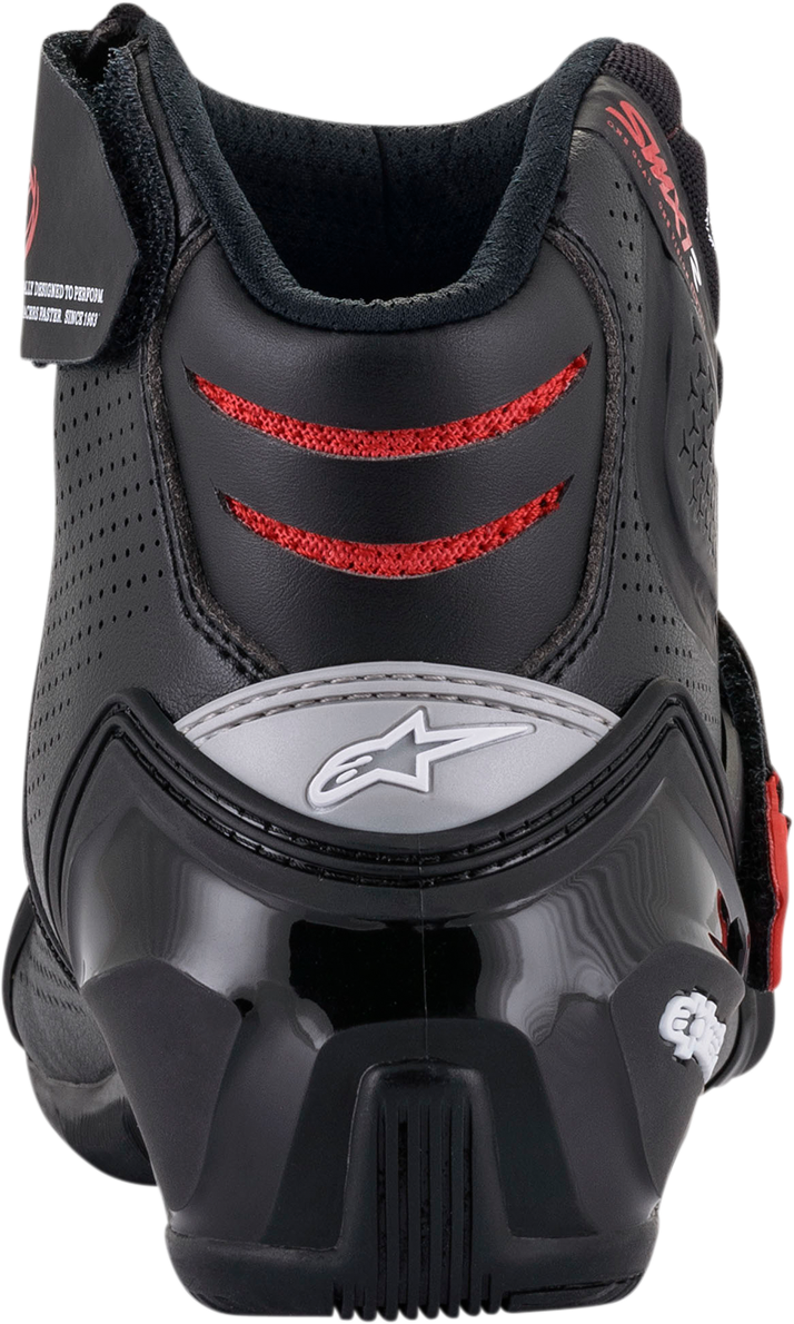 Alpinestars SMX1-R V2 motorcycle racing boots in black and red, size US 6 / EU 39, showing ankle and sole details.