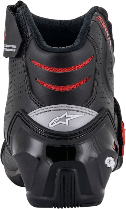 Alpinestars SMX1-R V2 motorcycle racing boots in black and red, size US 6 / EU 39, showing ankle and sole details.