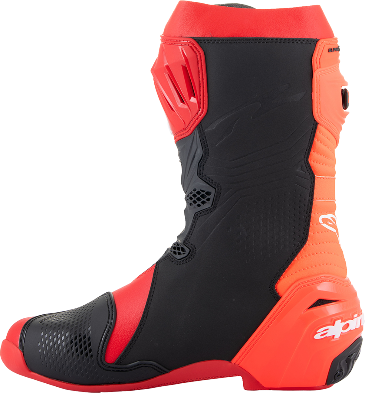Alpinestars Supertech R motorcycle racing boots in red, US 9.5 / EU 44, with protective design and racing features.