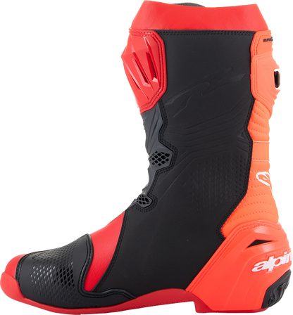 Alpinestars Supertech R motorcycle racing boots in red, US 9.5 / EU 44, with protective design and racing features.