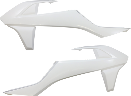 White ACERBIS radiator shrouds for motorcycle body, designed for Bill's Exhausts, shown in the product image.