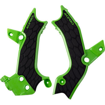 Green and black ACERBIS X-Grip frame guards for KX 450 2024 motorcycle, designed to protect the bike’s frame.