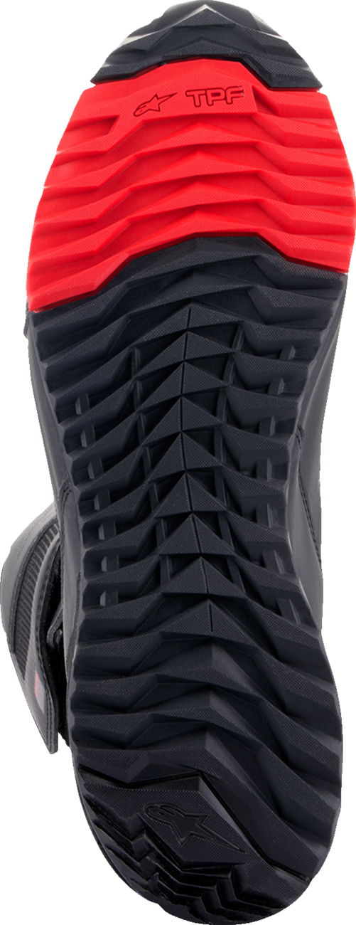 Alpinestars RT-7 Drystar® motorcycle boots in black and red with US size 9 and EU size 42, featuring protective design.