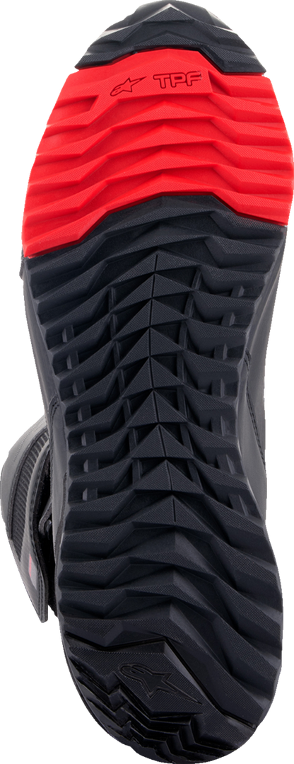 Alpinestars RT-7 Drystar motorcycle boots in black and red, US 7 / EU 39, shown from a side angle with protective features visible.