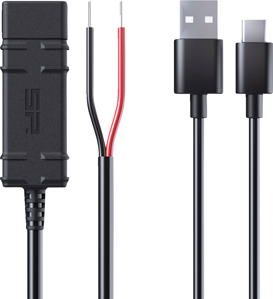 SP CONNECT 12V hardwire cable for phone charging, shown connected to a device with a sleek black cable and connector.