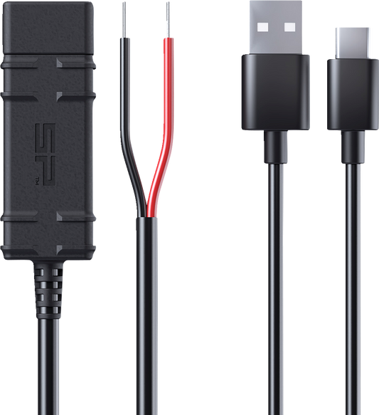 SP CONNECT 12V hardwire cable for phone charging, shown connected to a device with a sleek black cable and connector.