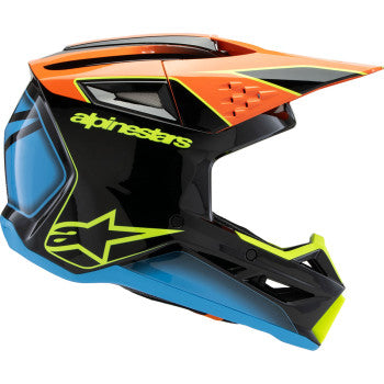 Alpinestars Youth SM3 helmet in gloss black, orange, and yellow fluo with sleek design, medium size, for young motorcycle riders.