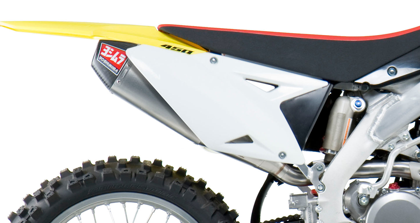YOSHIMURA RS-4 exhaust system with stainless steel header, canister, and carbon fiber end cap for motorcycle performance.