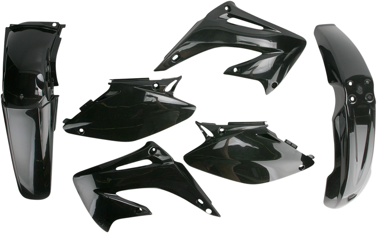 A black Acerbis standard replacement body kit for motorcycles, designed for easy installation and a sleek look.