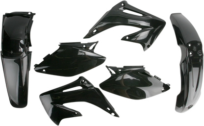 A black Acerbis standard replacement body kit for motorcycles, designed for easy installation and a sleek look.