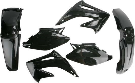 A black Acerbis standard replacement body kit for motorcycles, designed for easy installation and a sleek look.