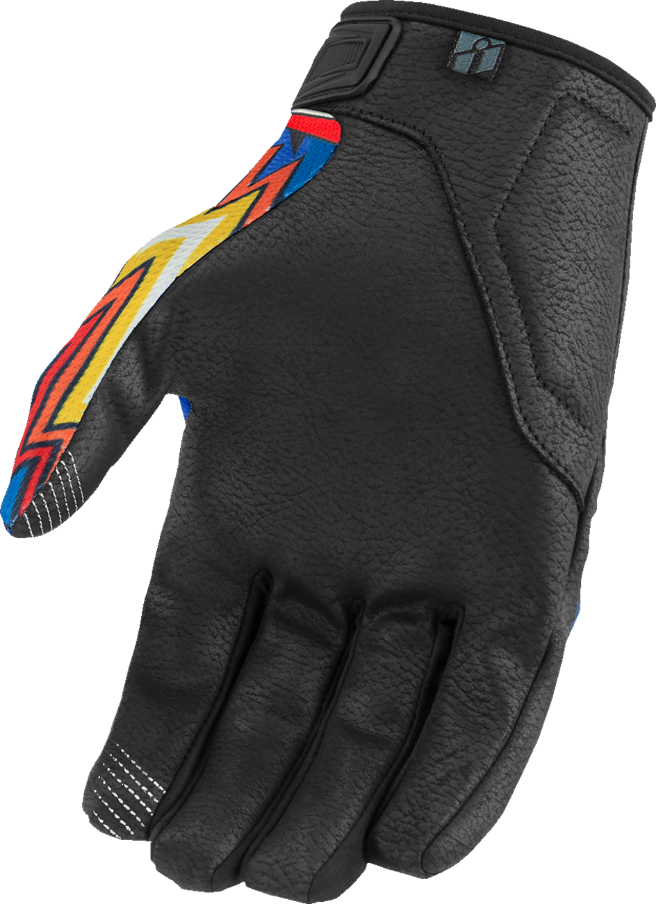 Blue ICON Hooligan™ CE Flyboy Gloves in XL size, lightweight motorcycle gloves with protective features, by Bill's Exhausts.
