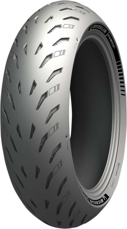 Michelin Power 5 rear motorcycle tire 190/50ZR17 with tread pattern for sportbikes, designed for superior wet and dry grip.