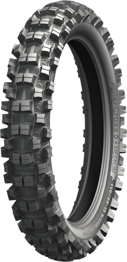 Michelin StarCross 5 Medium rear motorcycle tire 90/100-16 for off-road and motocross riding, showing tread pattern and sidewall details.