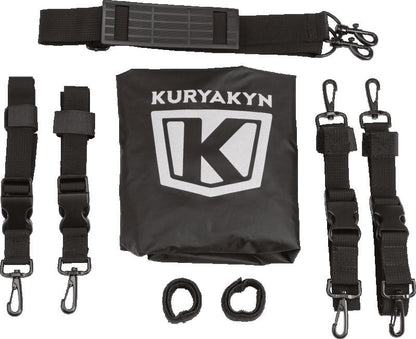 Kuryakyn Momentum Freeloader Duffle bag mounted on powersports sissy bar, featuring quick-mount design and durable storage for riding gear