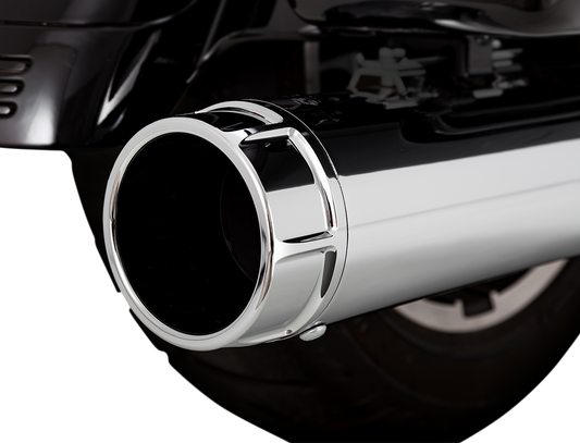 Chrome Vance & Hines 4-1/2" Torquer Slip-On Mufflers for Harley Davidson engines, featuring polished chrome finish and sleek design.